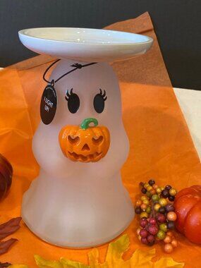 Halloween Light Up Ghost 3 Wick Glass Pedestal Candle Holder Bath & Body Works